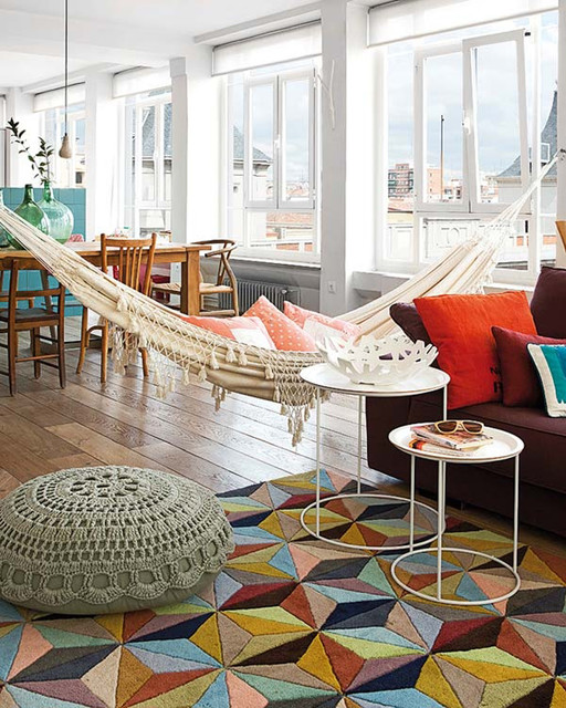 Modern interior with crochet floor cushion